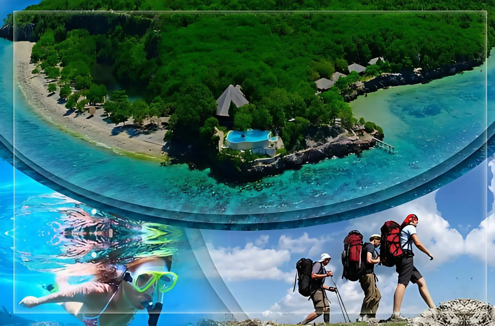 A group of hikers in red backpacks exploring a tropical island with lush greenery and clear waters.