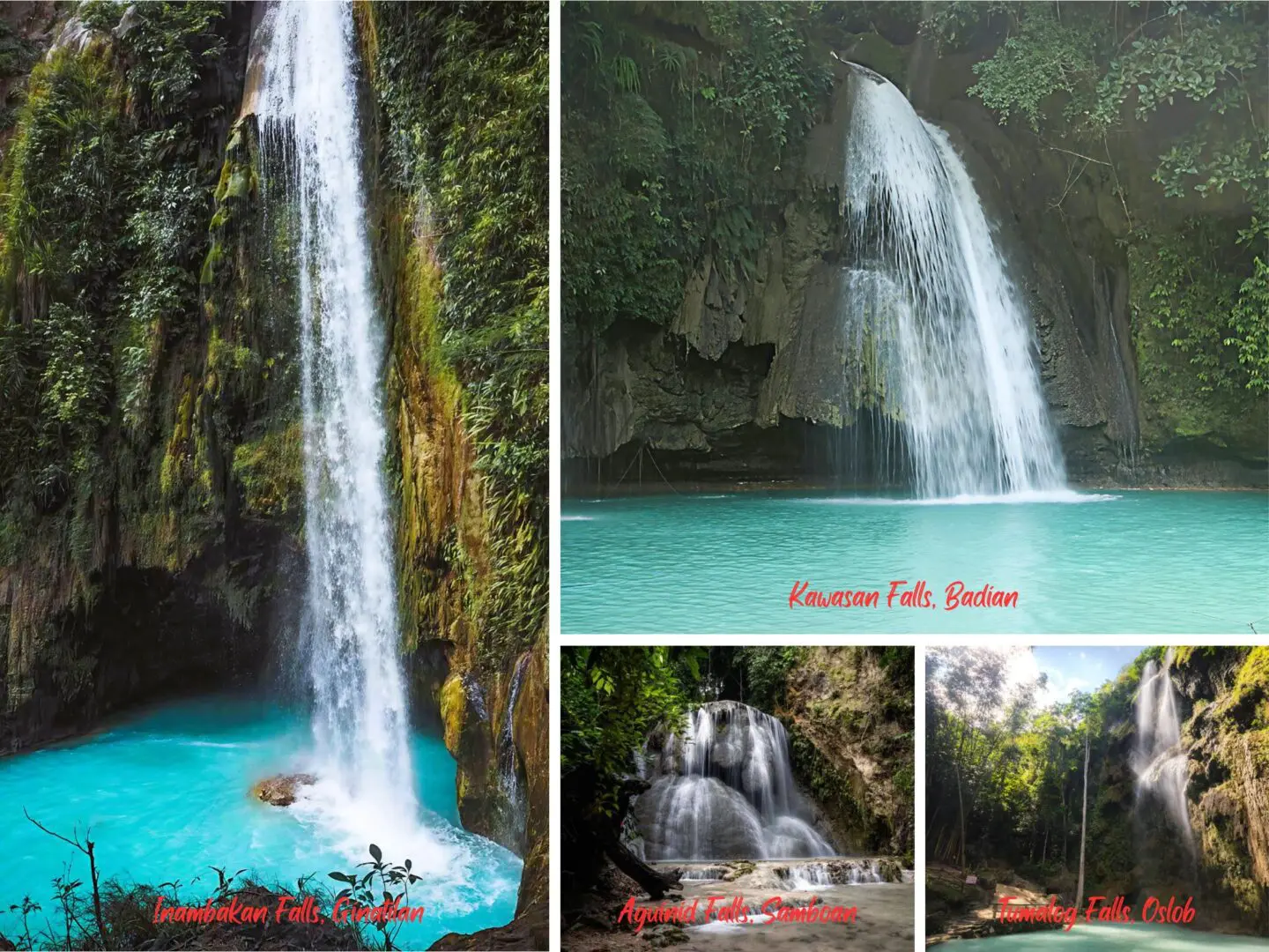Four stunning waterfalls flowing into turquoise pools surrounded by greenery.
