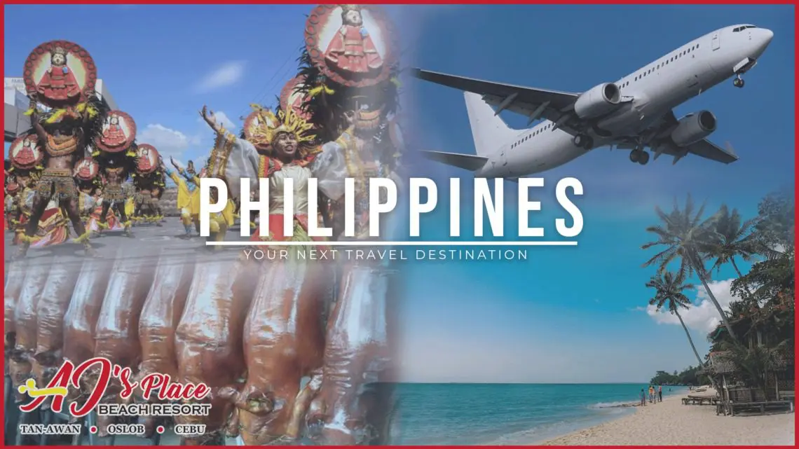 A majestic statue and airplane over a tropical Philippine beach.