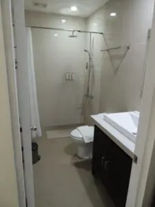 Modern bathroom with shower, toilet, and sink vanity.