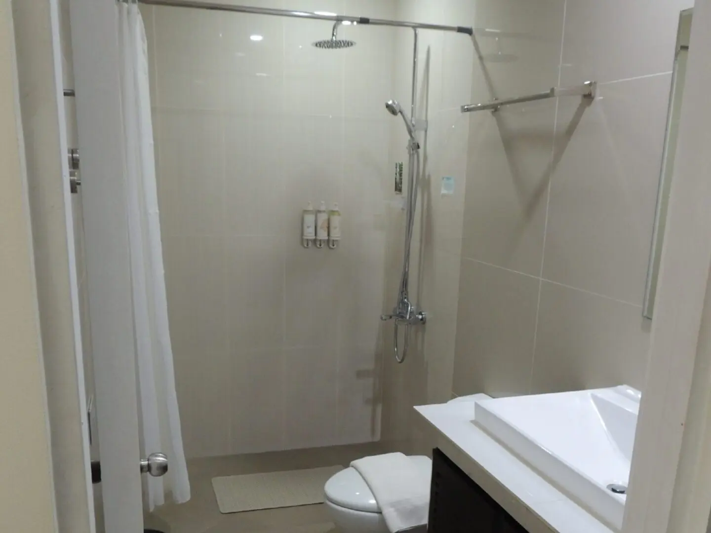 Modern bathroom with walk-in shower and glass partition.